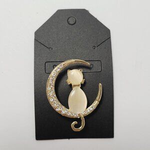 Cat and Crescent Moon Brooch - Gold Tone and Moonstone Style